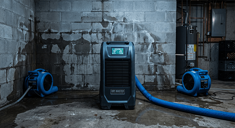 Industrial LGR dehumidifiers and axial air movers drying a wet concrete masonry foundation wall inside an Ohio basement