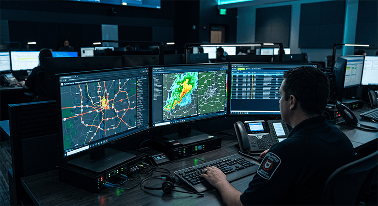Emergency mitigation response routing desks tracking basement flooding alerts across Columbus Ohio