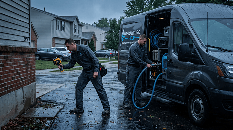 Certified field mitigation crew standing with industrial moisture mapping equipment next to an emergency service van
