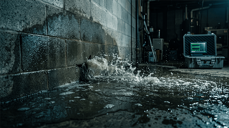 Groundwater actively breaching and spraying through the floor slab joint seam due to high hydrostatic pressure inside a basement