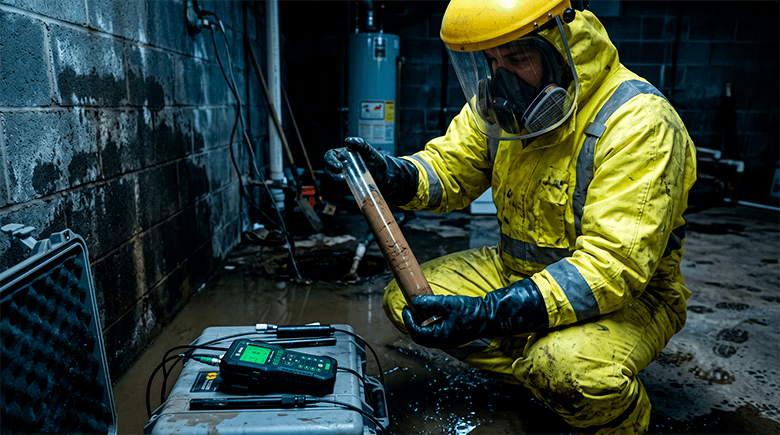 Emergency environmental technician examining a core clay soil sample inside a flooded basement